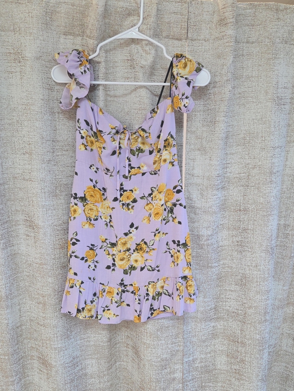 Forever 21 Lilac Dress with Yellow Rose Print and Ruffle Straps